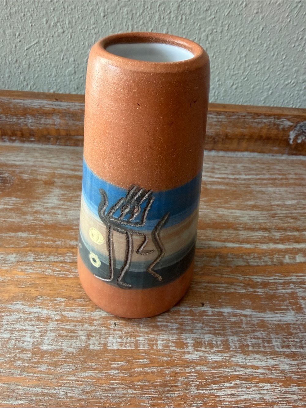 Handcrafted Terracotta Vase with Blue and Tan Banding